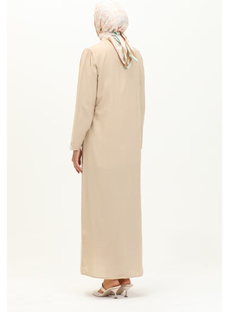 Sefa Merve Tie Collar Buttoned Dress 5111-01 Beige - Image 3